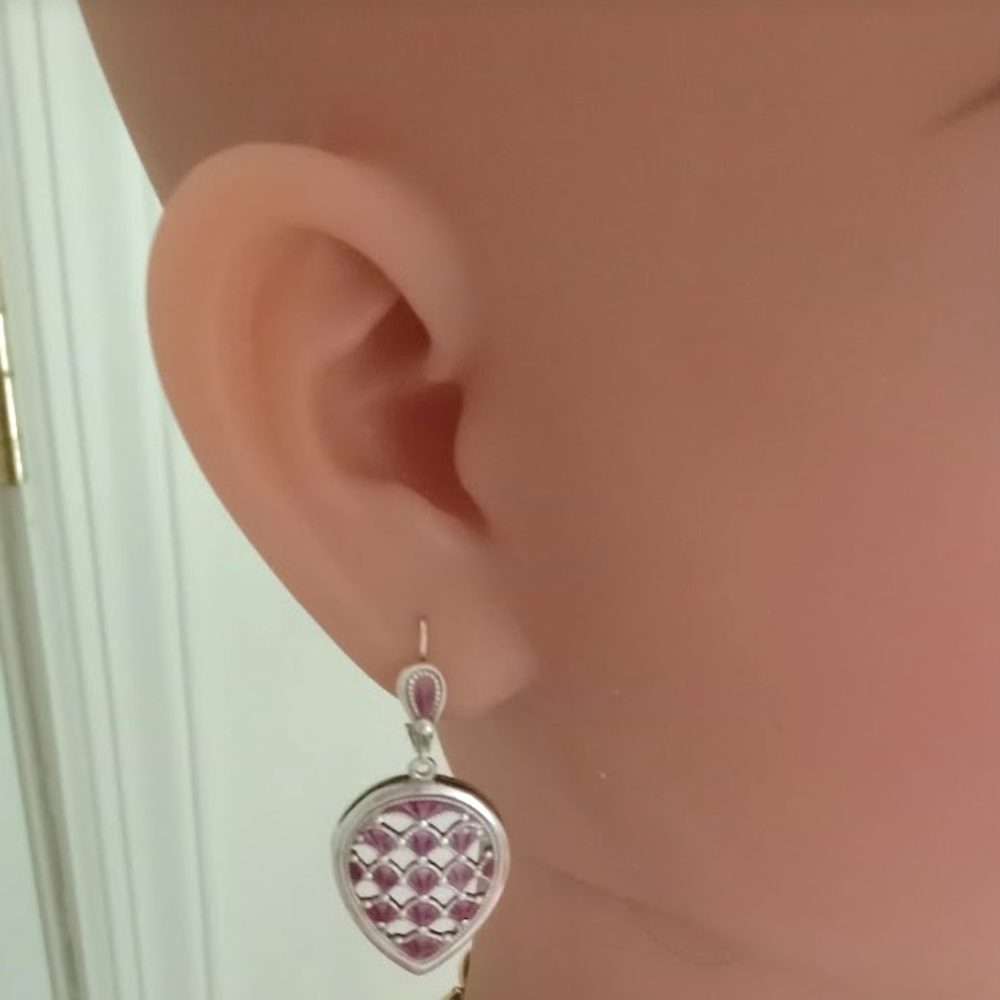 Vintage high end sterling silver enamel ornate dangle lever back earrings